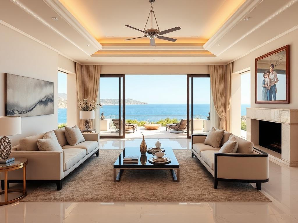 Salon d'une villa de luxe à Marbella avec vue sur la mer