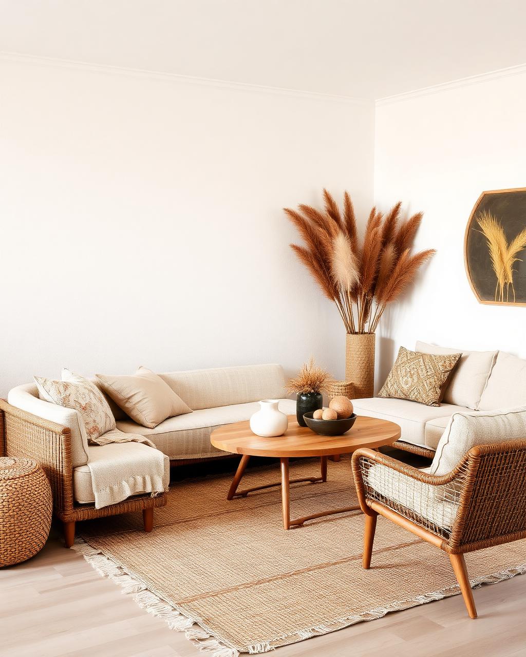 Salon bohème chic aux tons sable avec rotin et lin naturel à Bordeaux