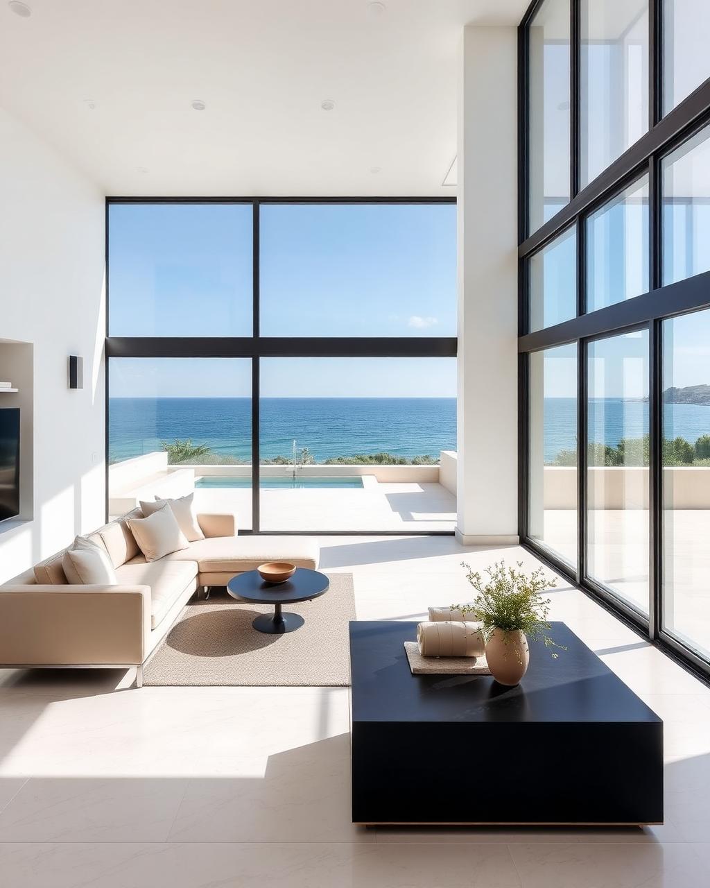 Séjour moderne épuré d'une villa de luxe avec vue mer à Marbella
