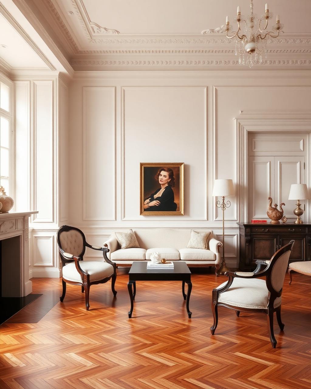 Salon classique revisité avec parquet à chevrons et moulures à Bordeaux