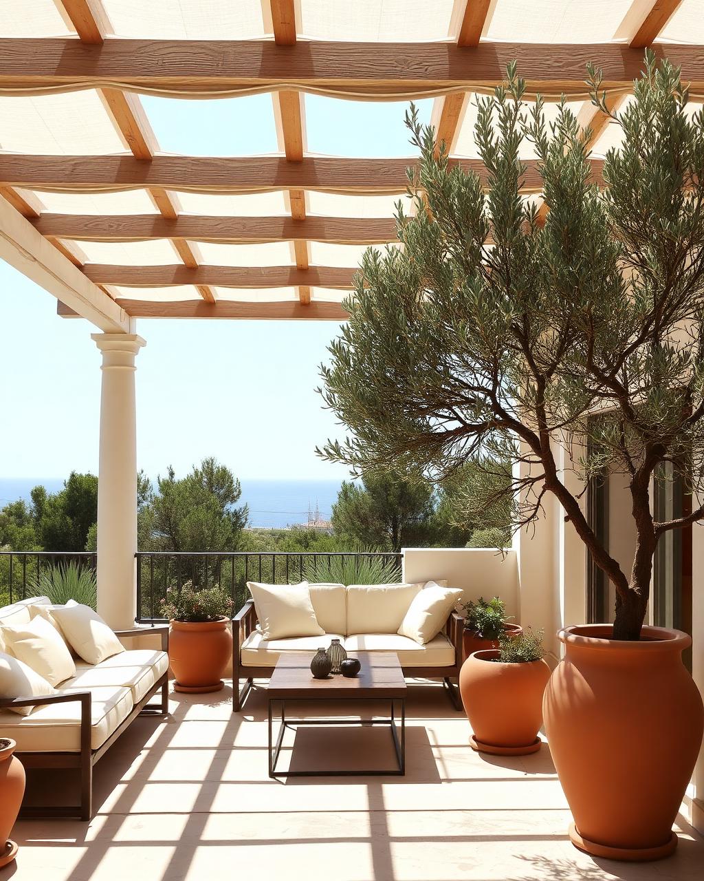 Terrasse méditerranéenne avec pergola, olivier et poteries terracotta à Saint-Tropez