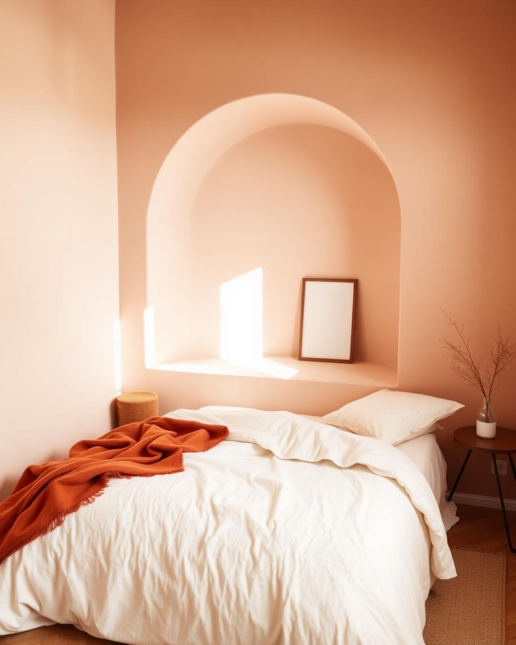 Chambre minimaliste aux murs sable et plaid terracotta